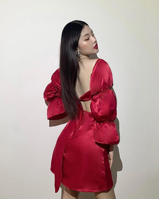 Red satin mini dress