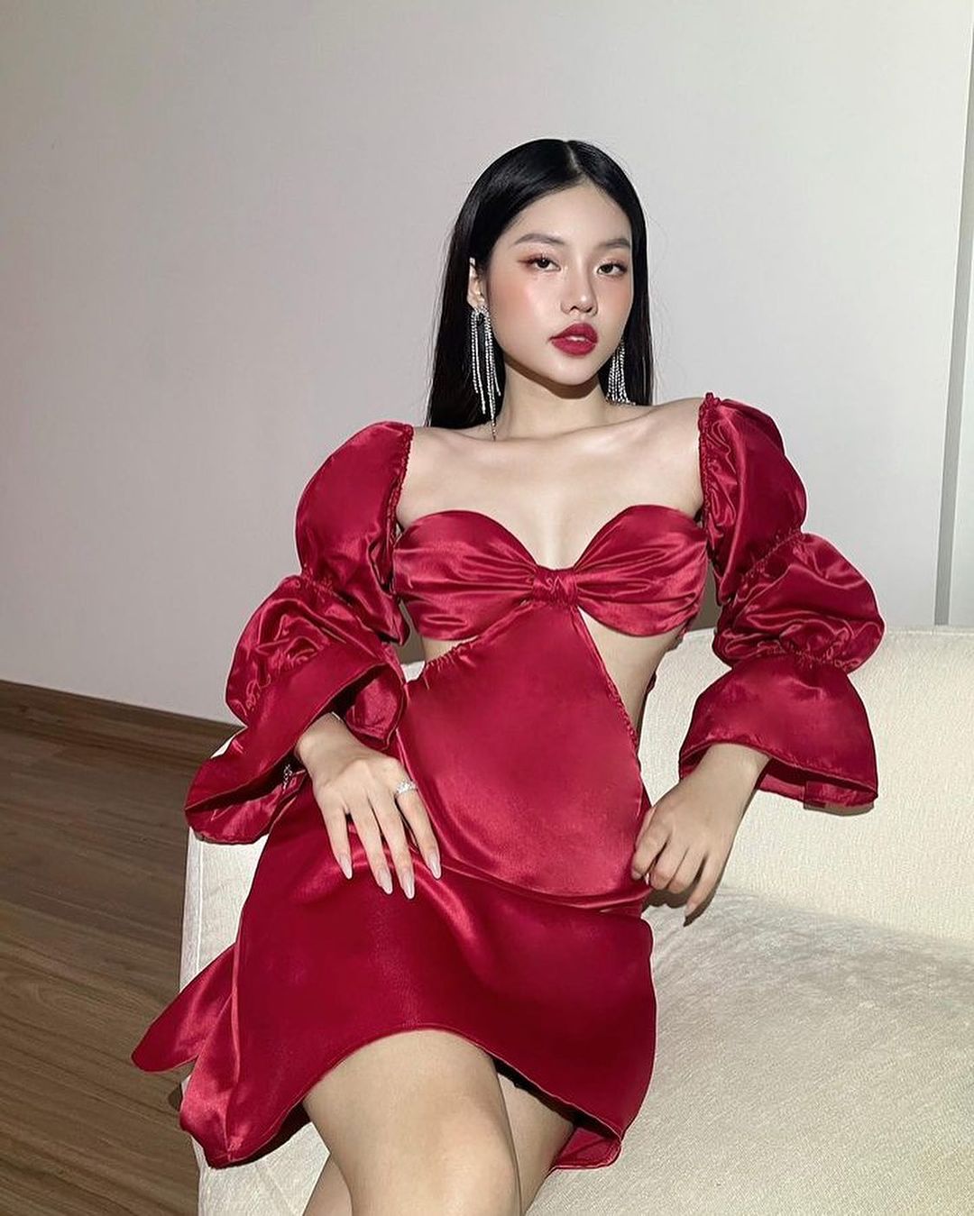 Red satin mini dress
