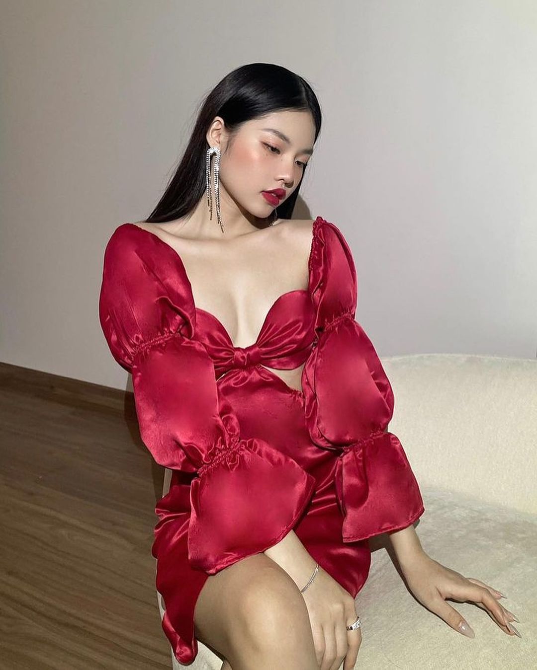 Red satin mini dress