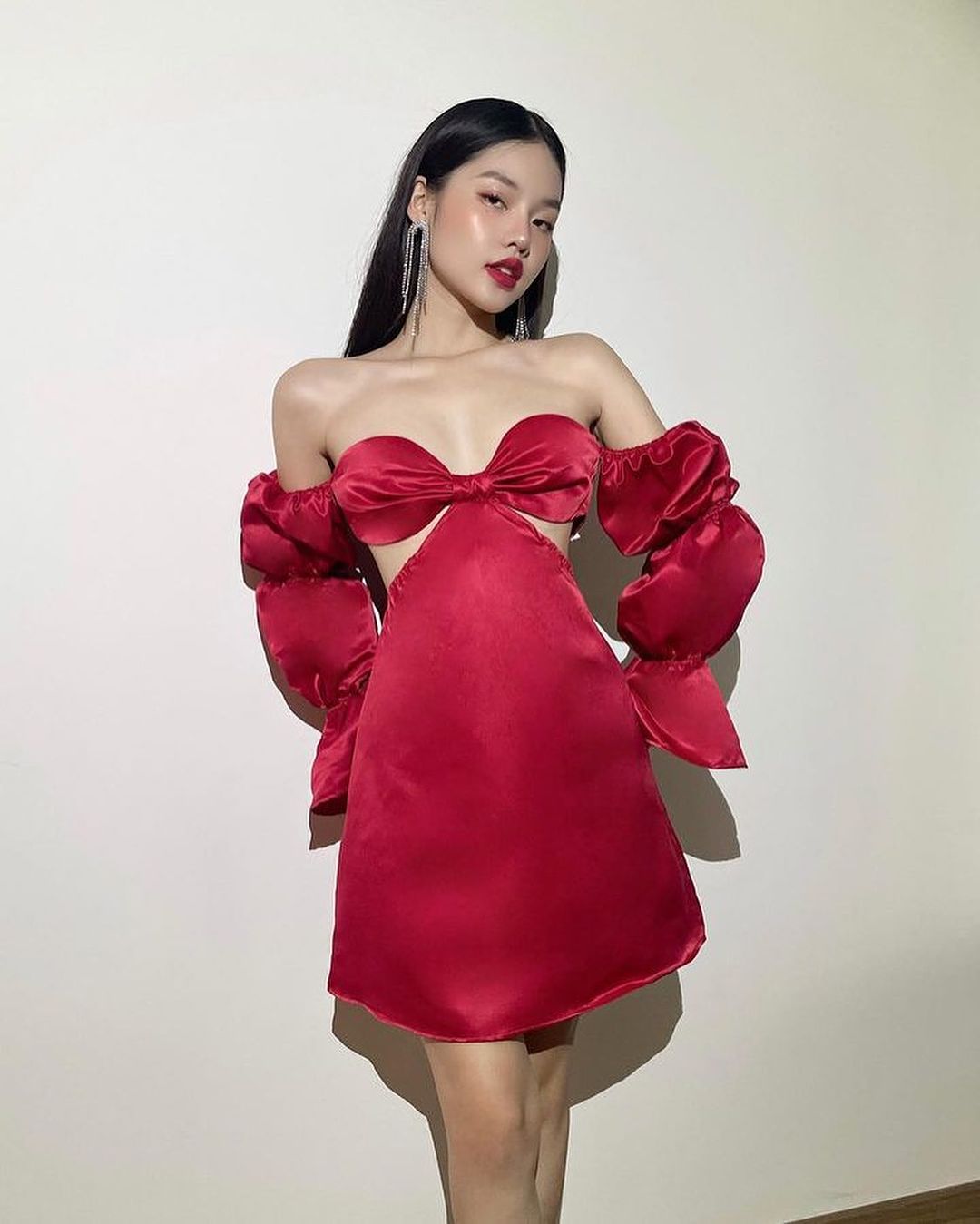 Red satin mini dress