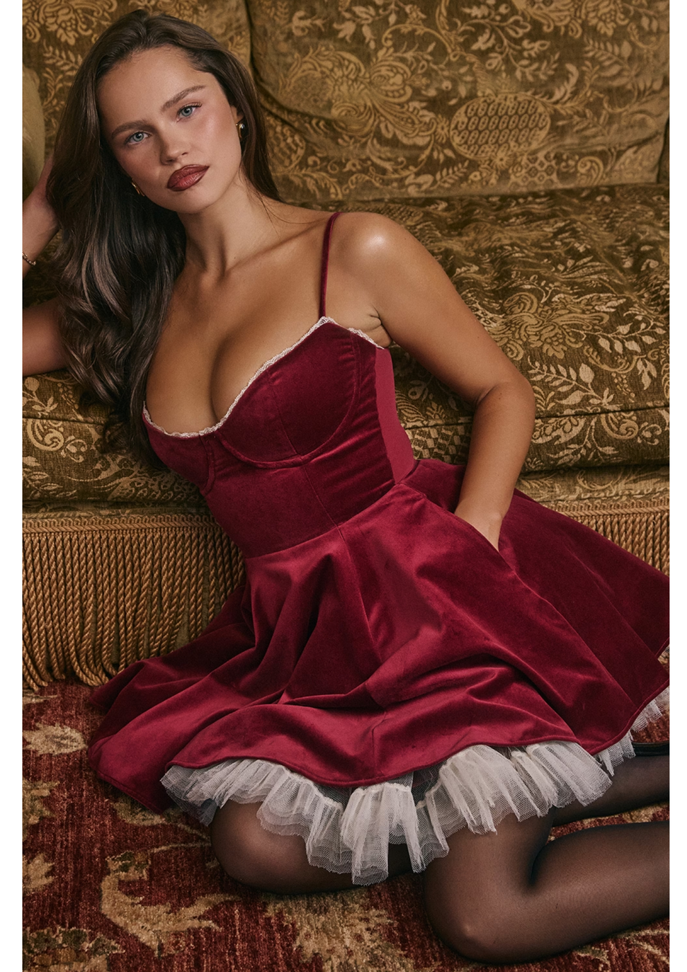 Burgundy velvet mini dress